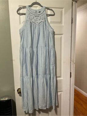 Women Light Blue Crochet Yoke Tiered Maxi Dress